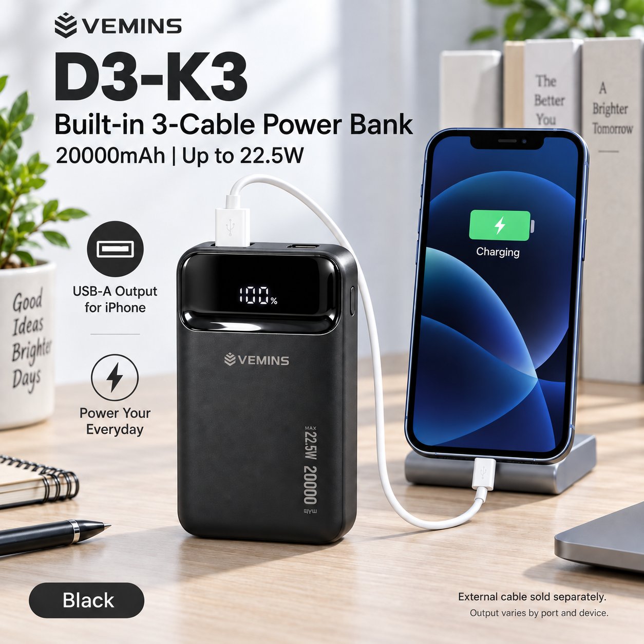 D3-K3 20000mAh Built-in 3-Cable Power Bank
