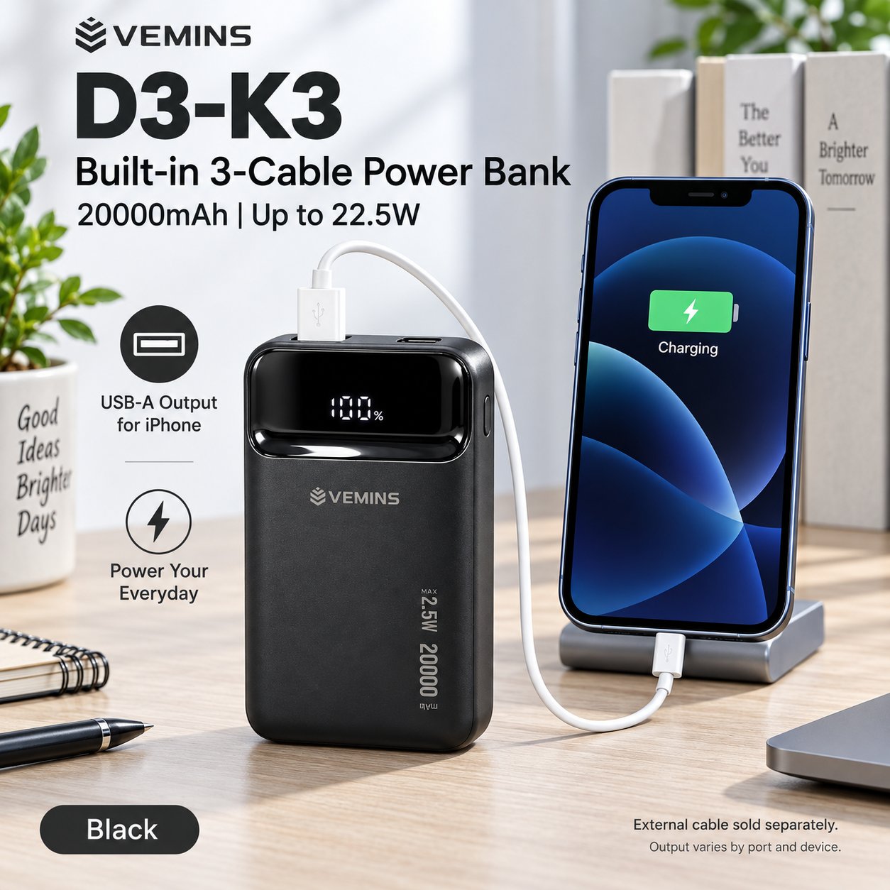 D3-K3 20000mAh Built-in 3-Cable Power Bank