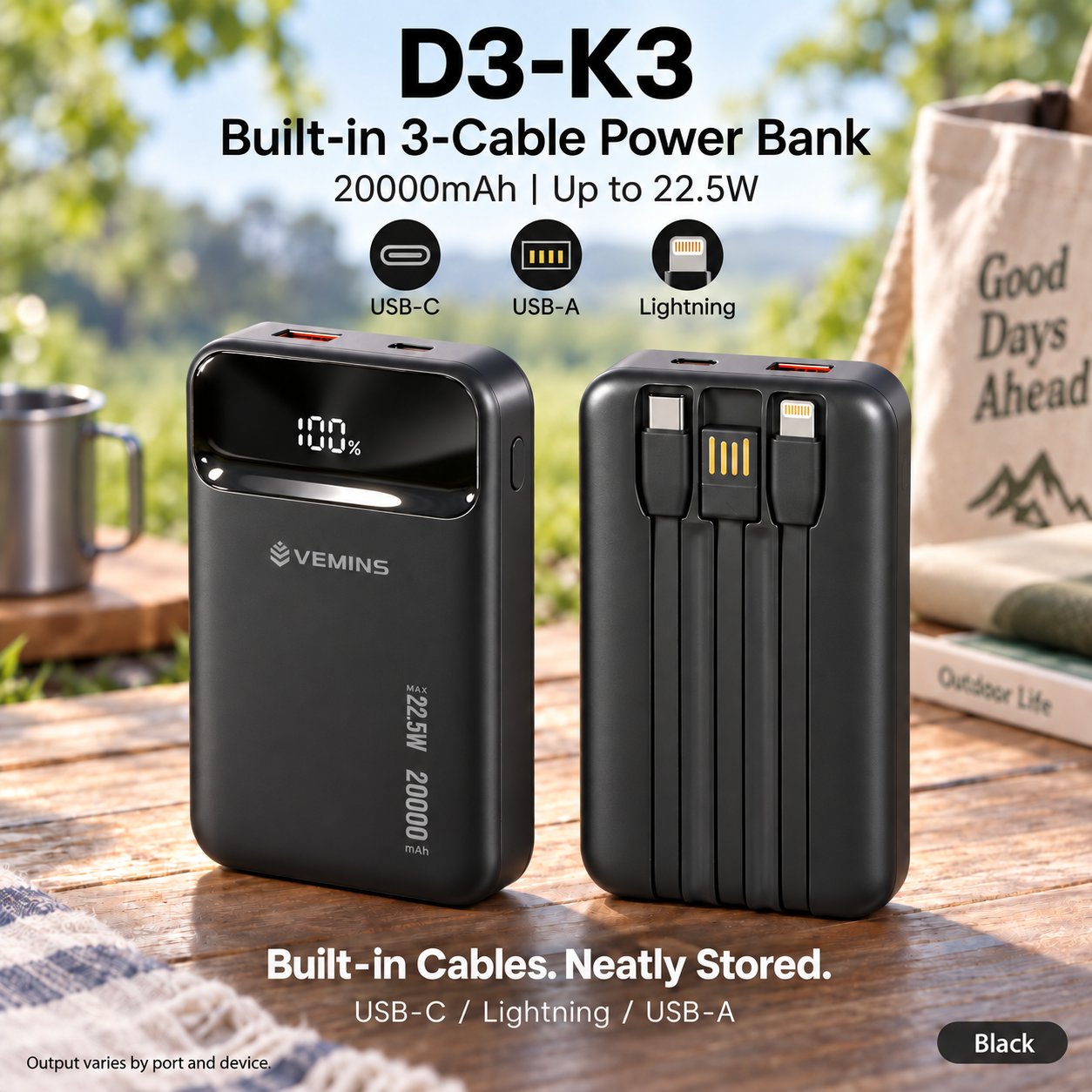 D3-K3 20000mAh Built-in 3-Cable Power Bank