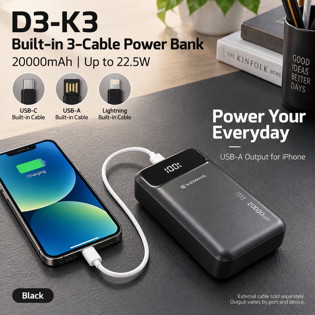 D3-K3 20000mAh Built-in 3-Cable Power Bank