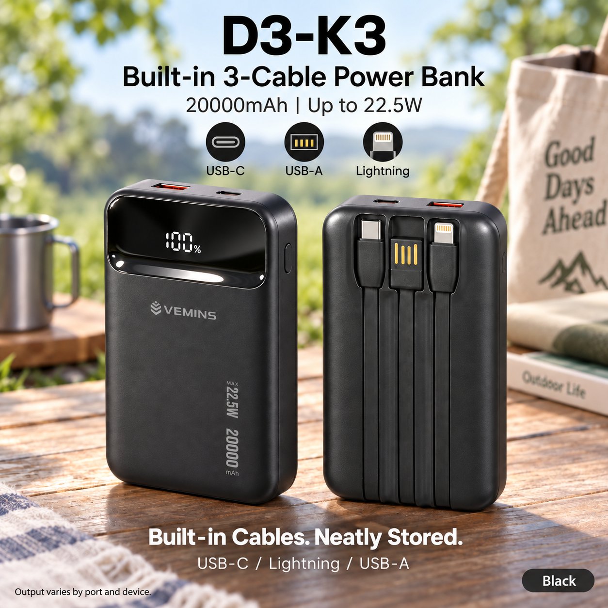 D3-K3 20000mAh Built-in 3-Cable Power Bank