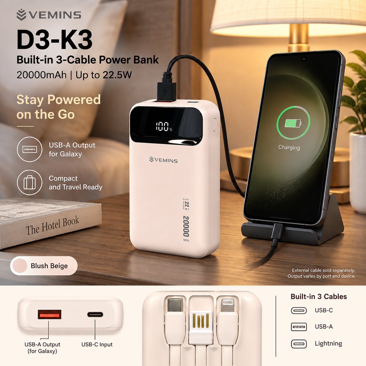 D3-K3 20000mAh Built-in 3-Cable Power Bank