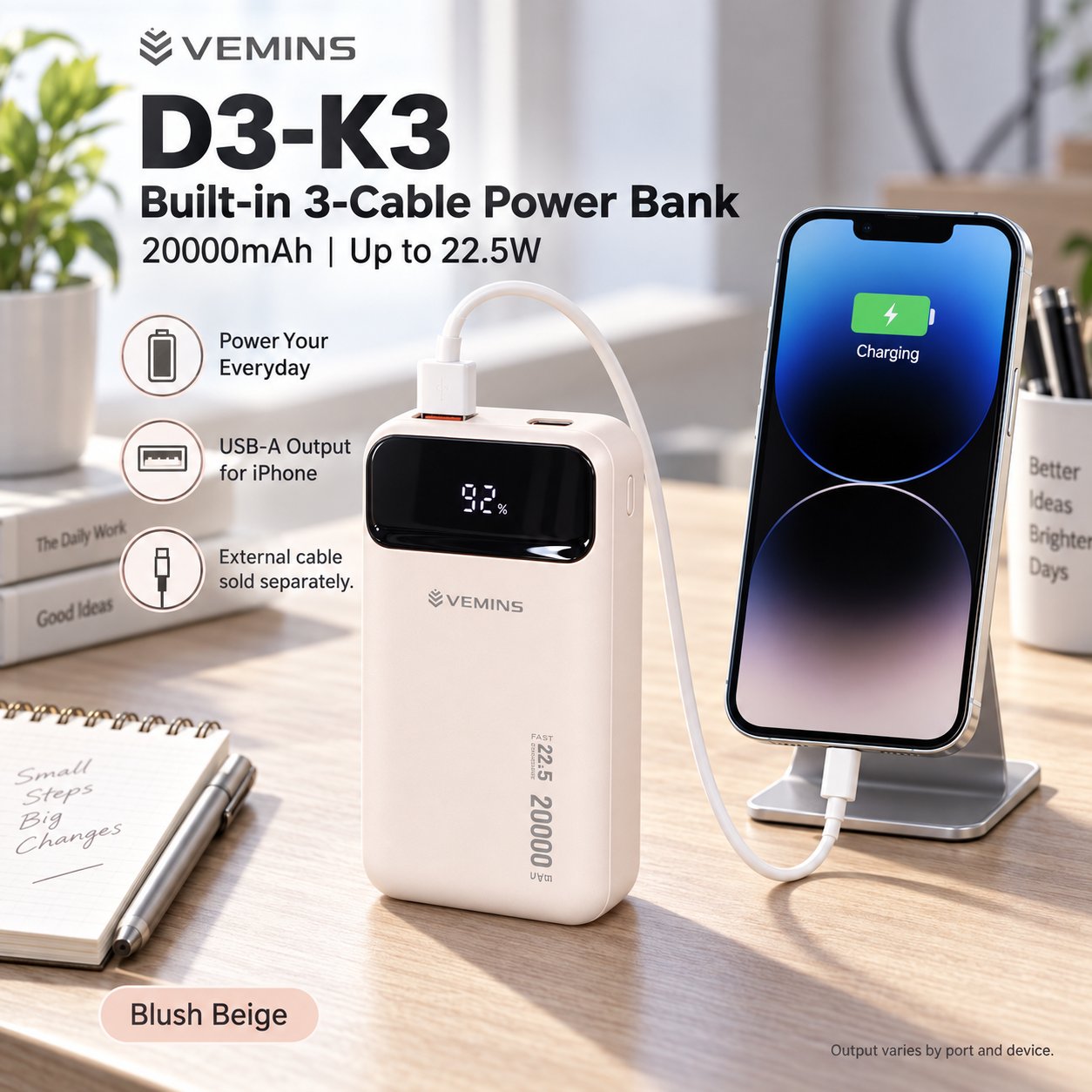 D3-K3 20000mAh Built-in 3-Cable Power Bank