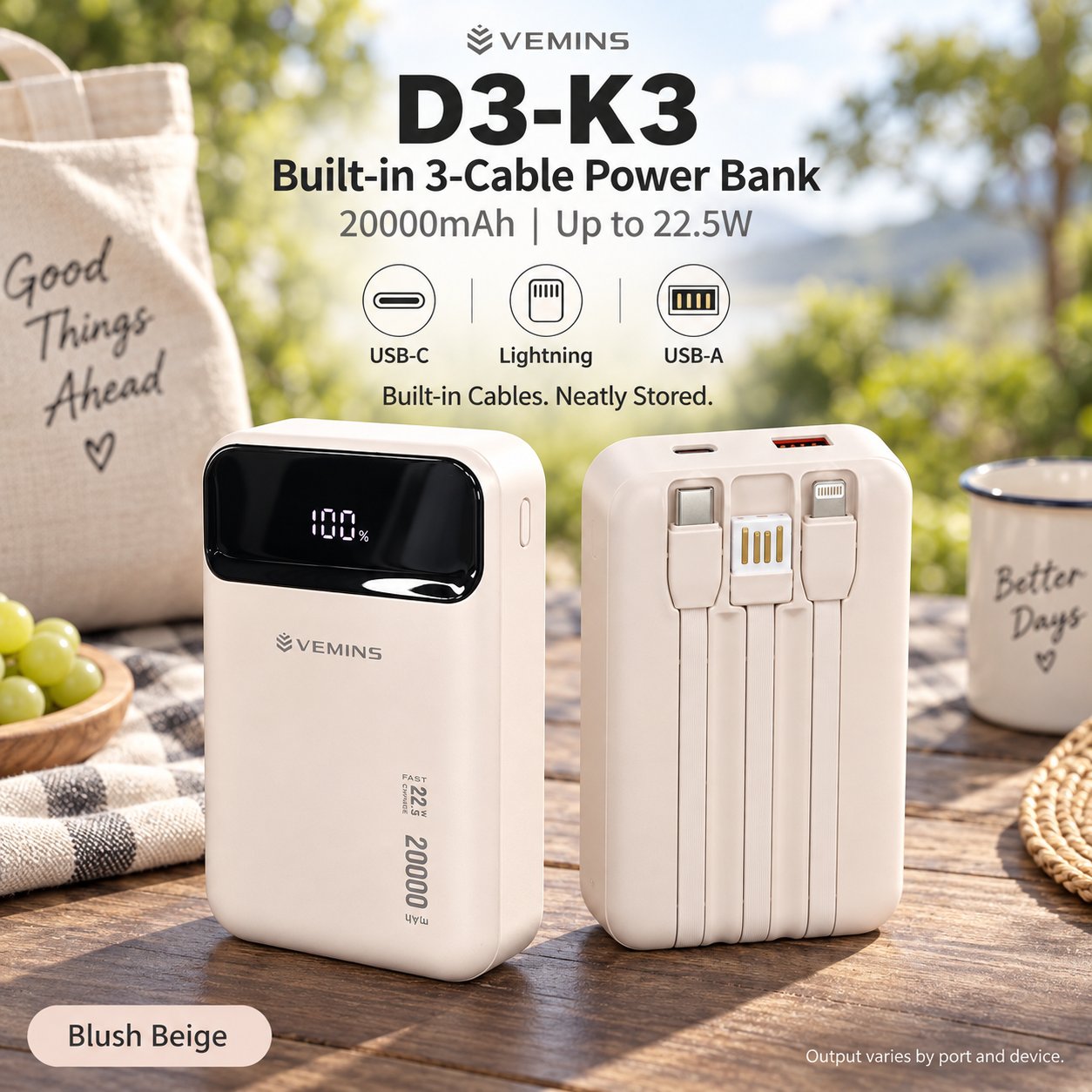 D3-K3 20000mAh Built-in 3-Cable Power Bank