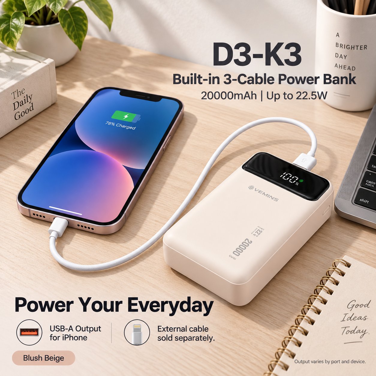 D3-K3 20000mAh Built-in 3-Cable Power Bank