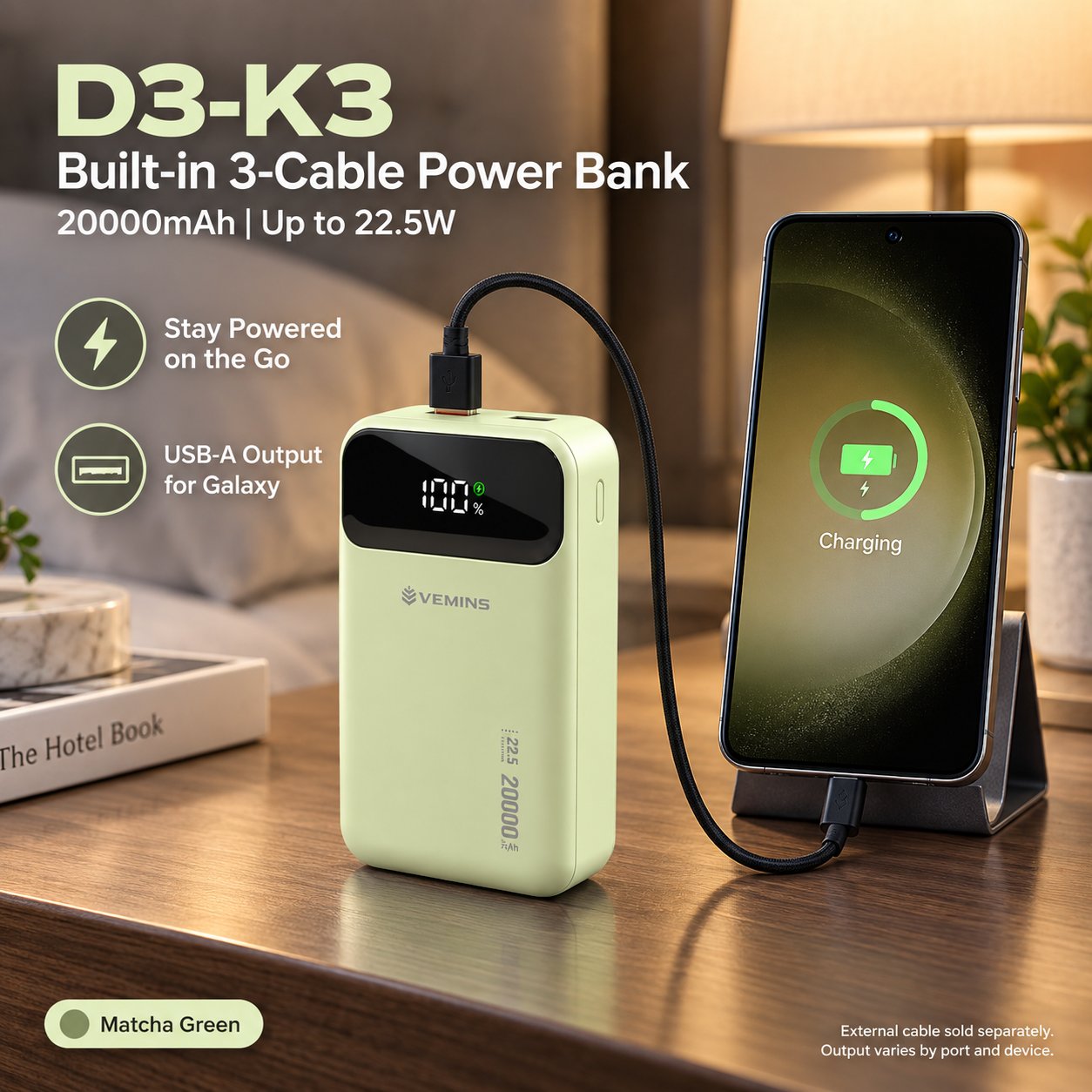 D3-K3 20000mAh Built-in 3-Cable Power Bank