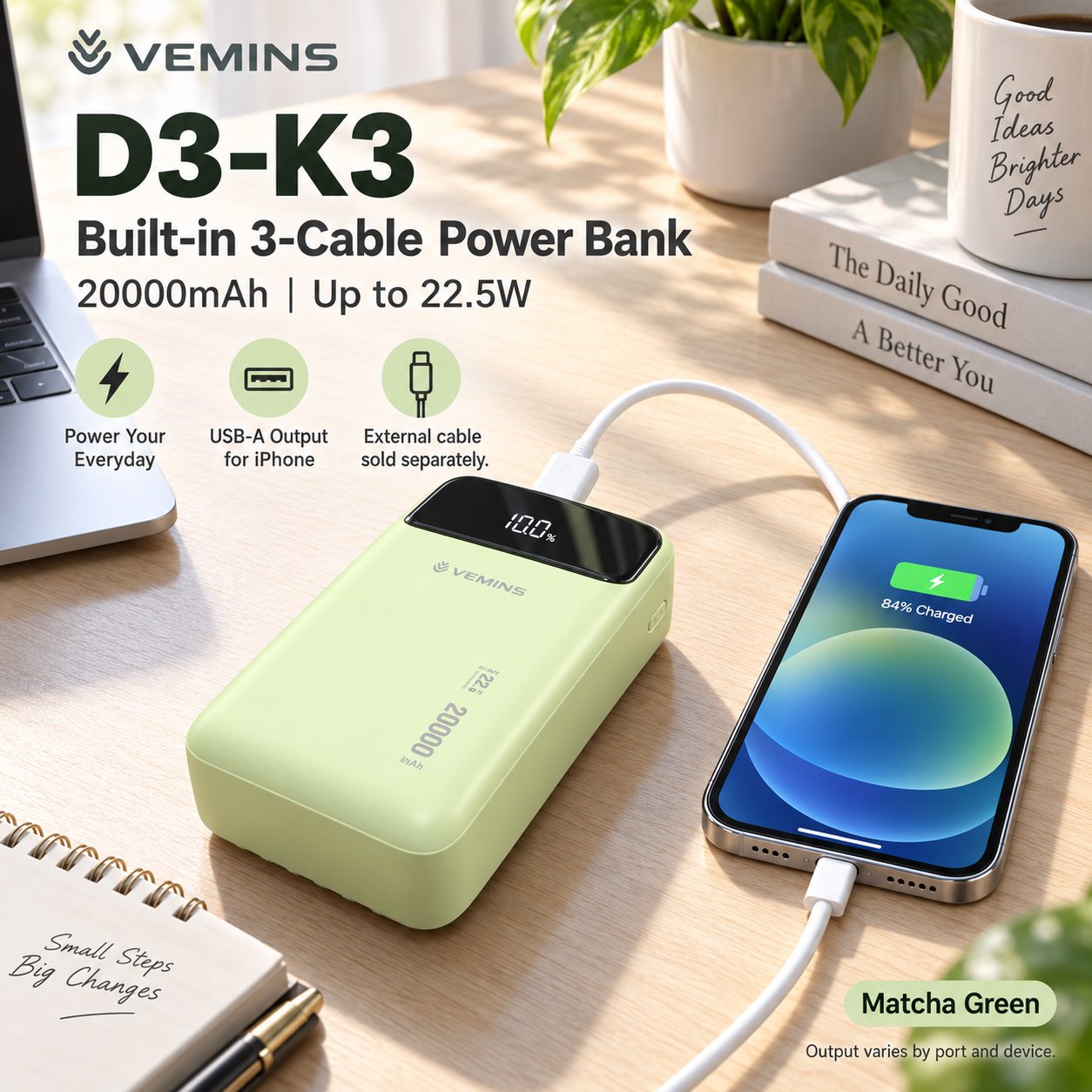 D3-K3 20000mAh Built-in 3-Cable Power Bank