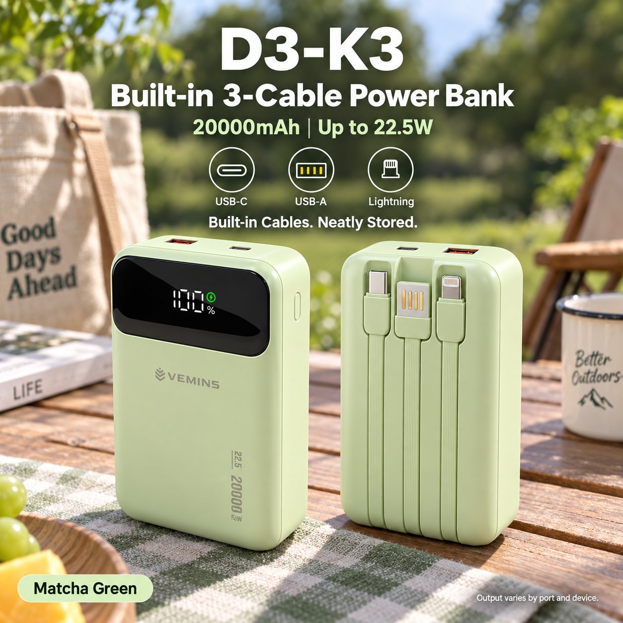 D3-K3 20000mAh Built-in 3-Cable Power Bank