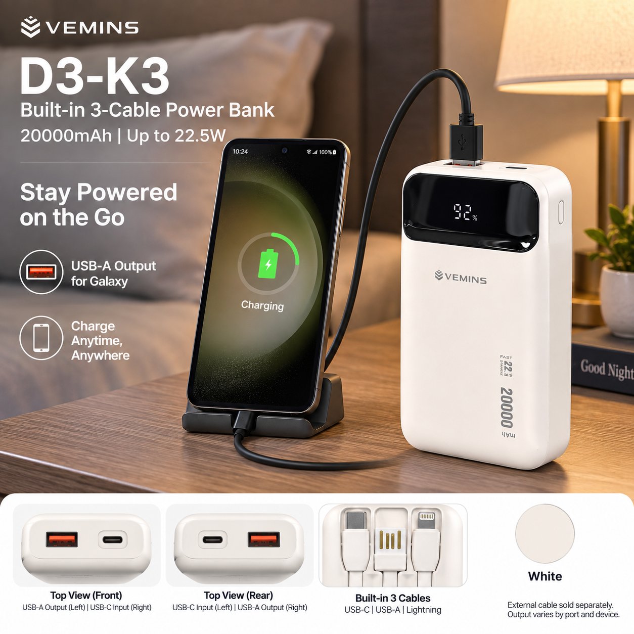 D3-K3 20000mAh Built-in 3-Cable Power Bank