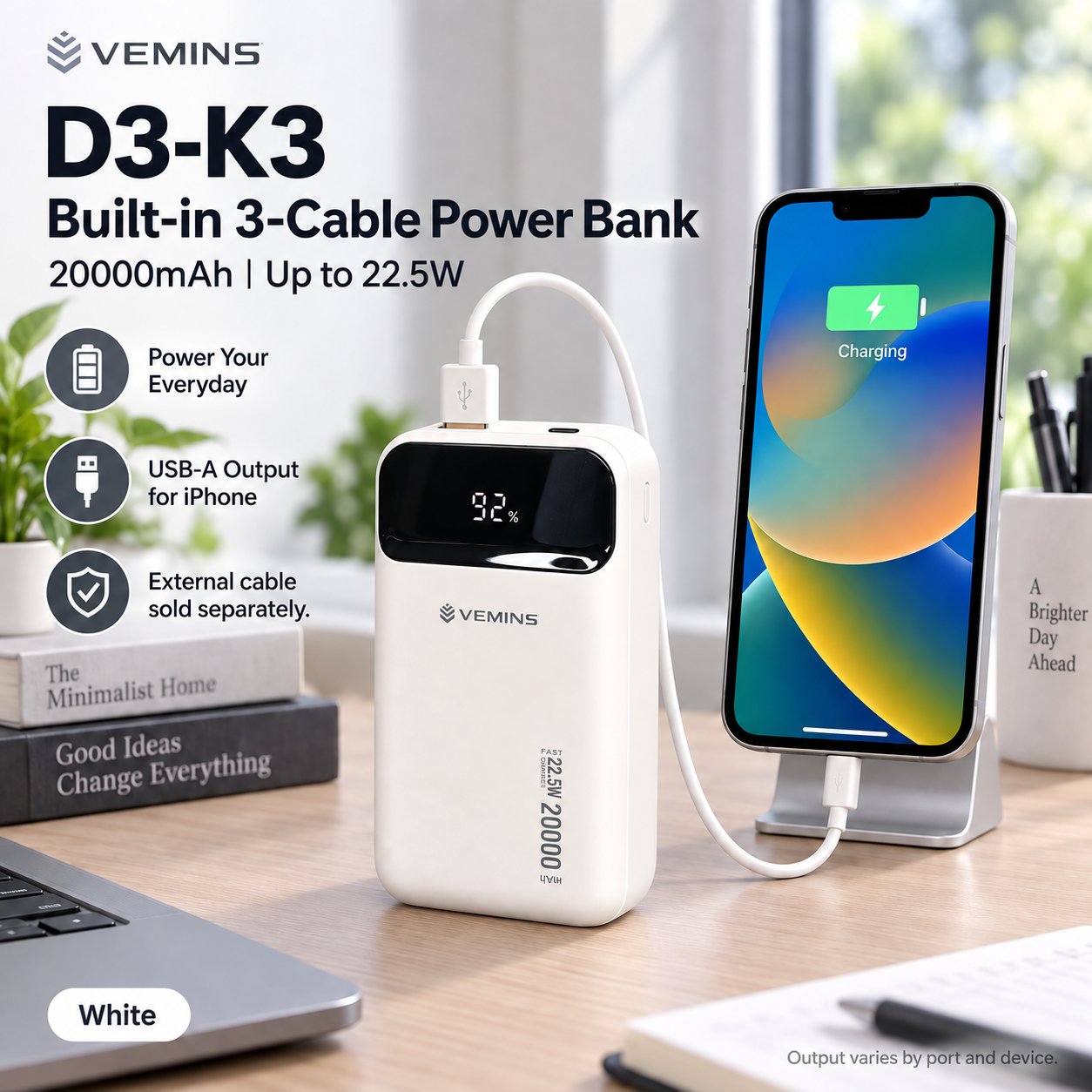D3-K3 20000mAh Built-in 3-Cable Power Bank