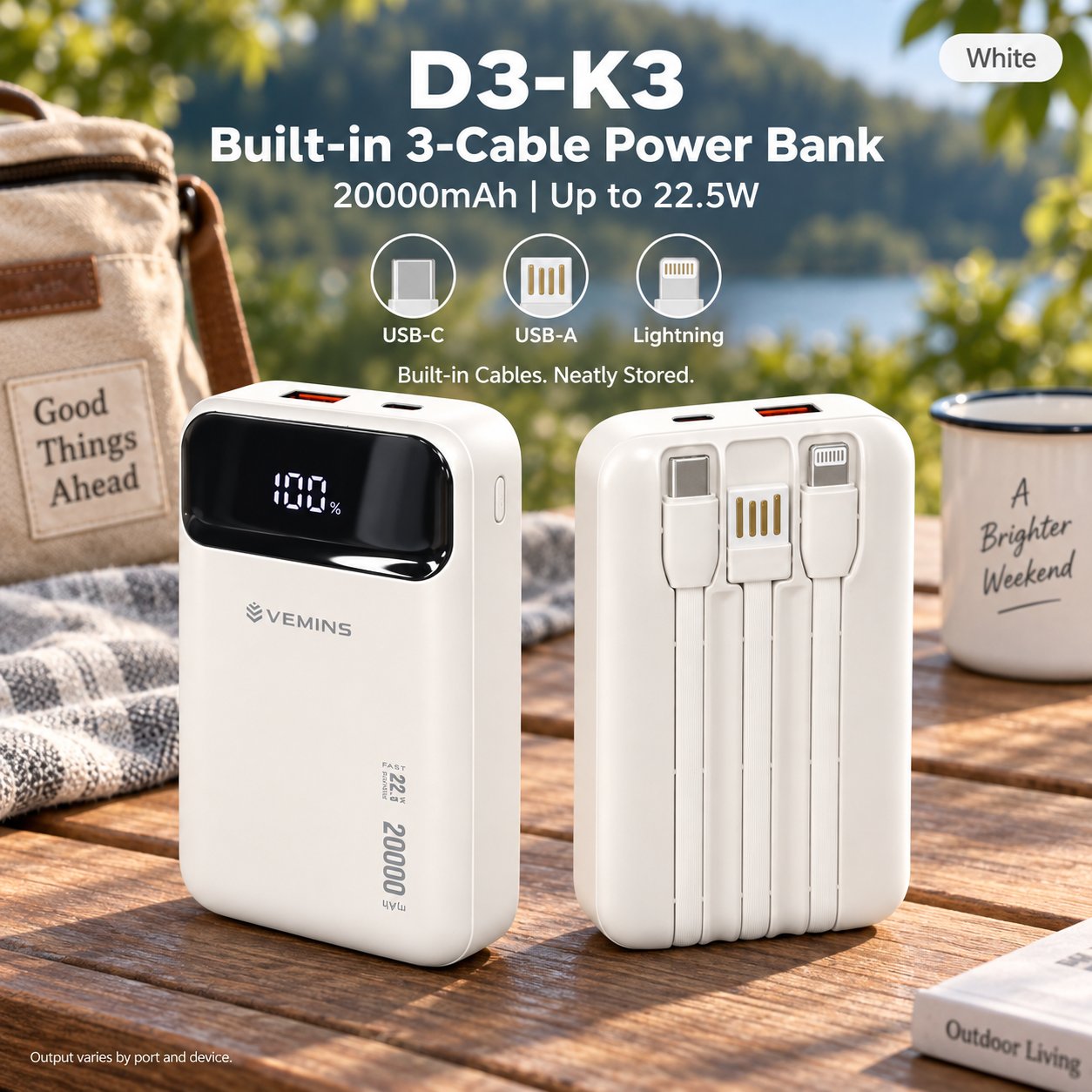D3-K3 20000mAh Built-in 3-Cable Power Bank
