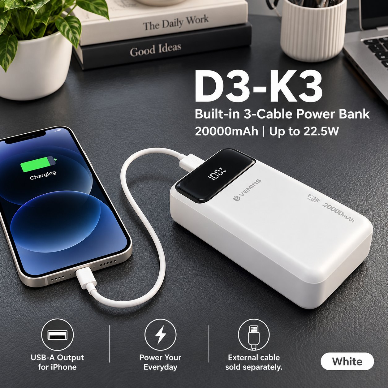 D3-K3 20000mAh Built-in 3-Cable Power Bank