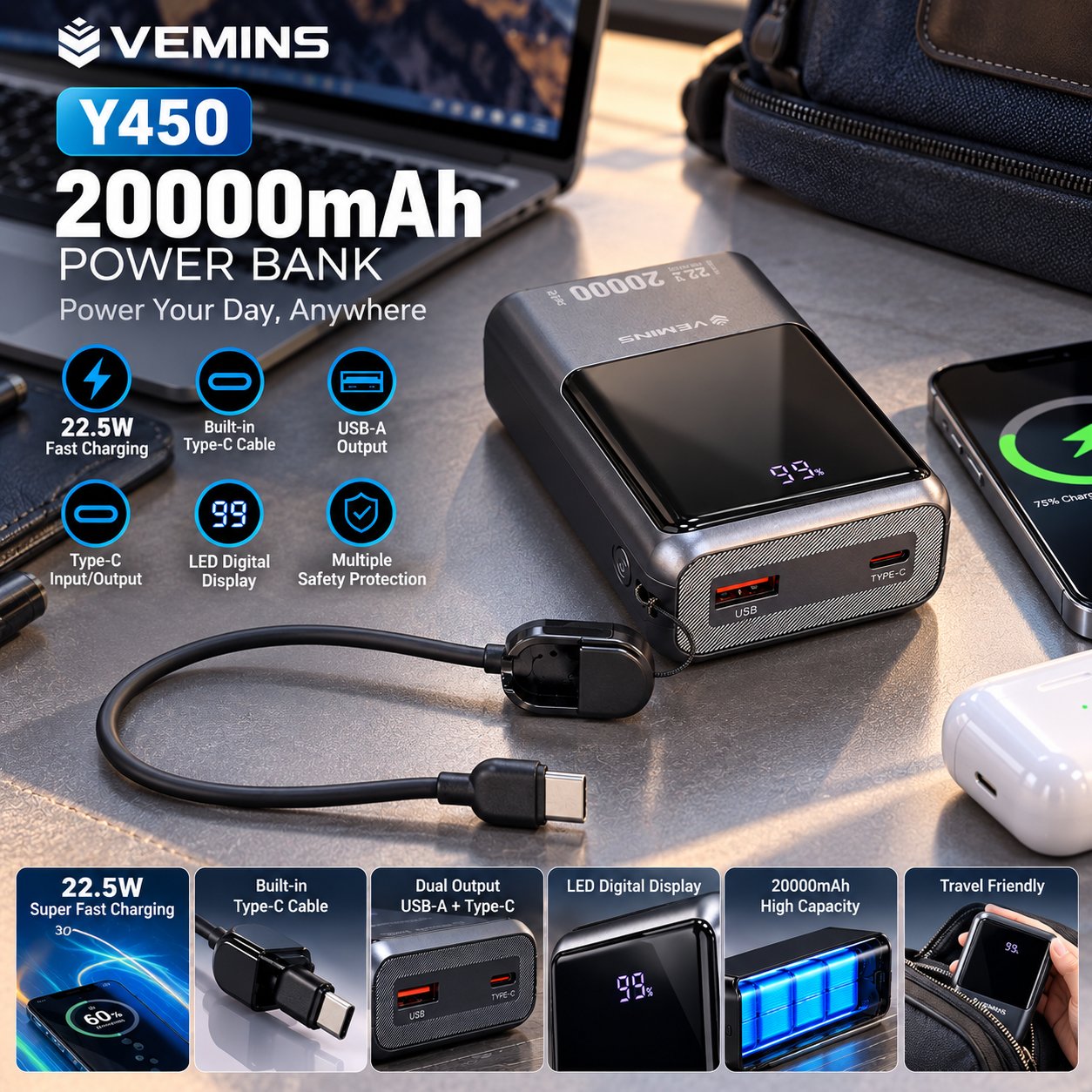 Y450 20000mAh 22.5W Fast Charge Power Bank