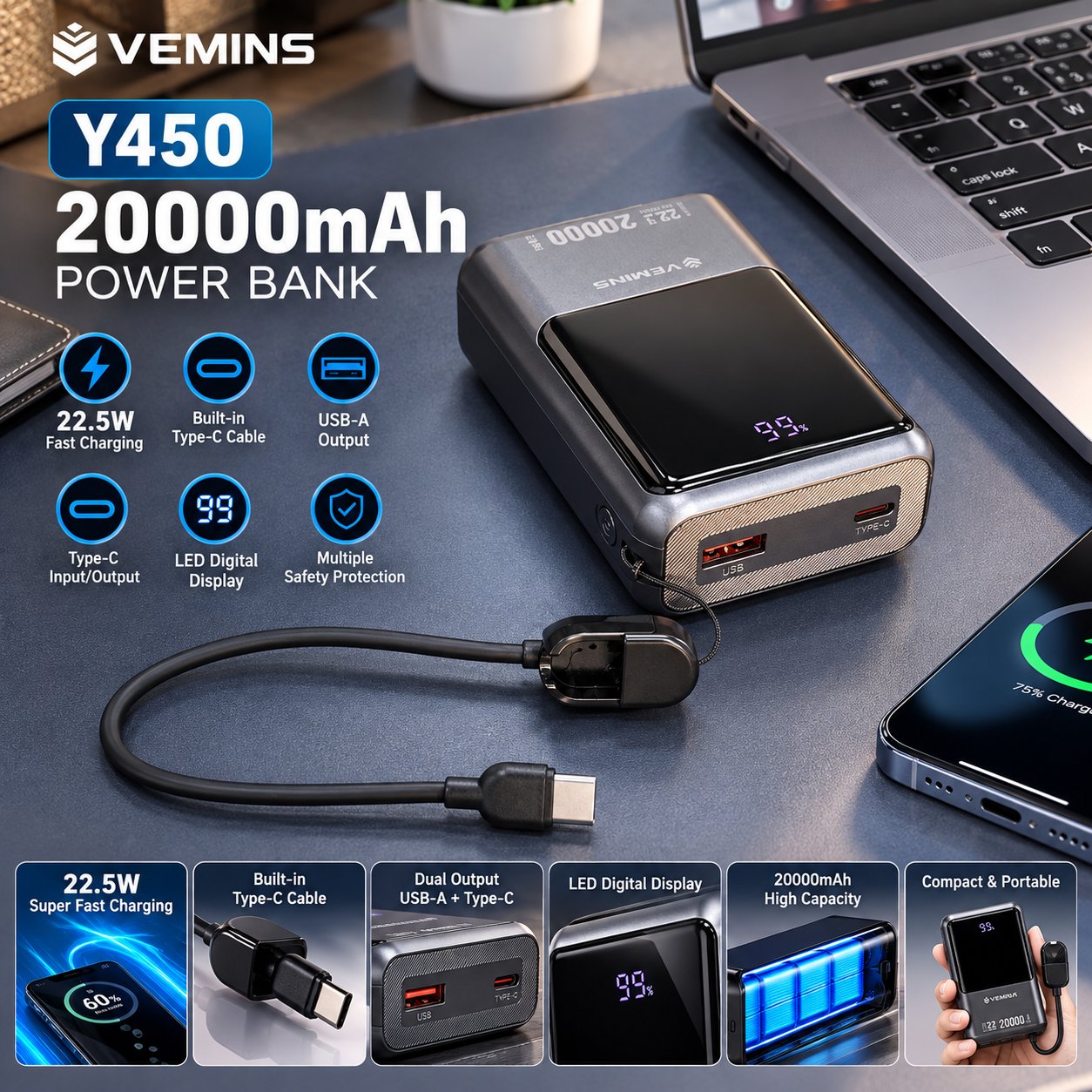 Y450 20000mAh 22.5W Fast Charge Power Bank