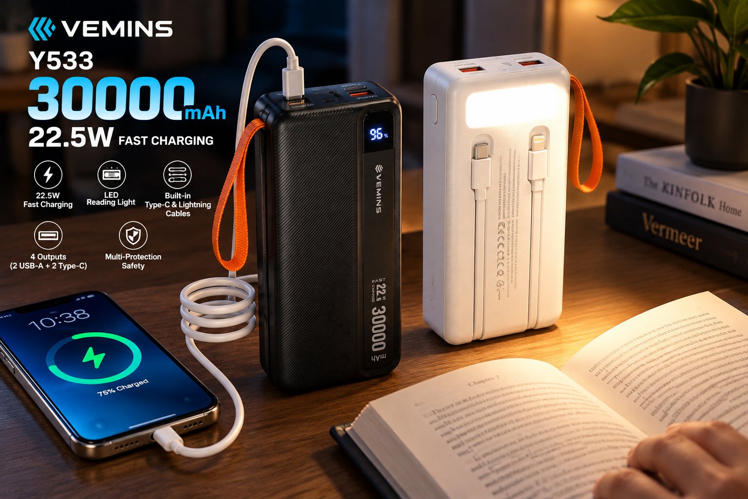 Y533 30000mAh Power Bank with LED Light & Built-in Cables