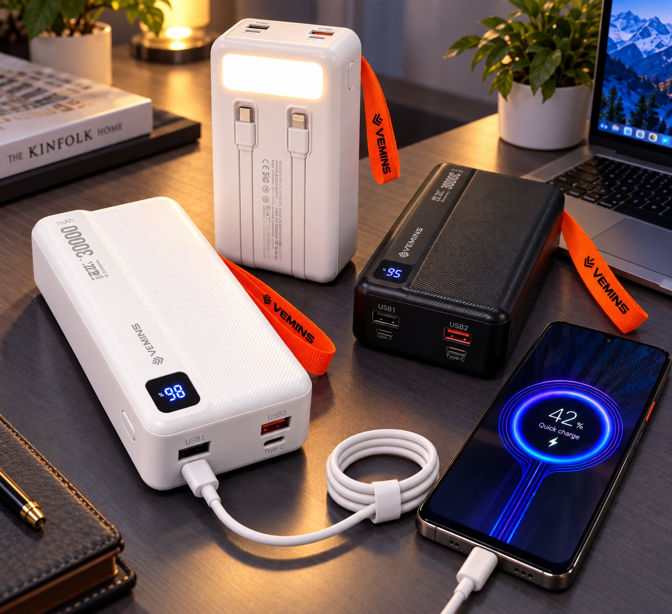 Y533 30000mAh Power Bank with LED Light & Built-in Cables