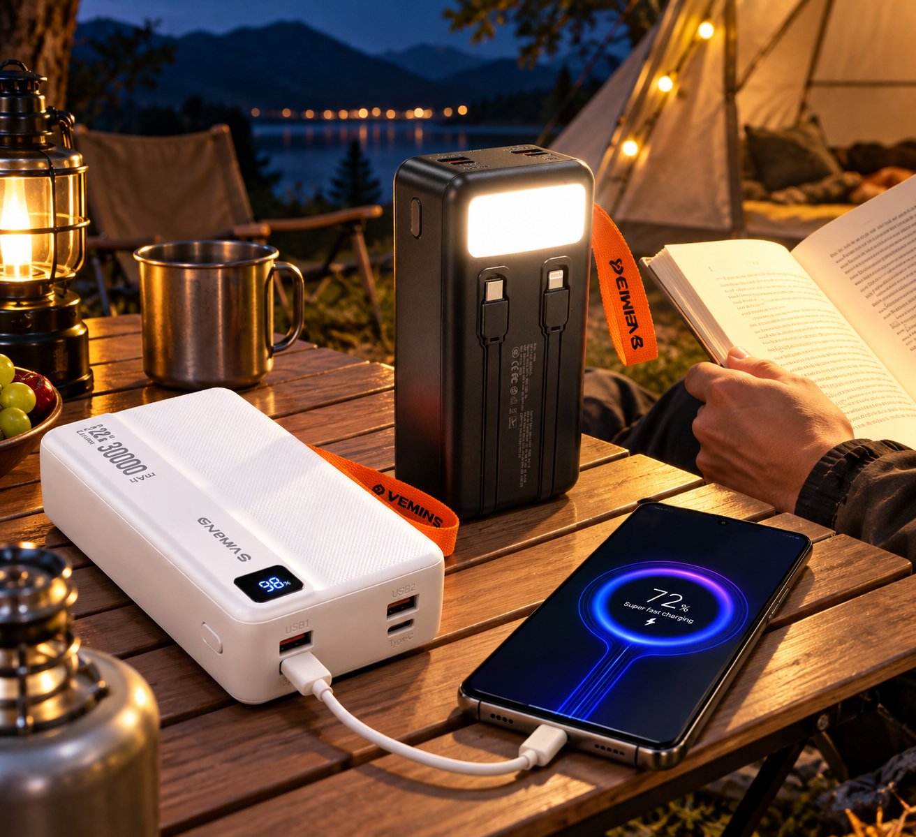 Y533 30000mAh Power Bank with LED Light & Built-in Cables