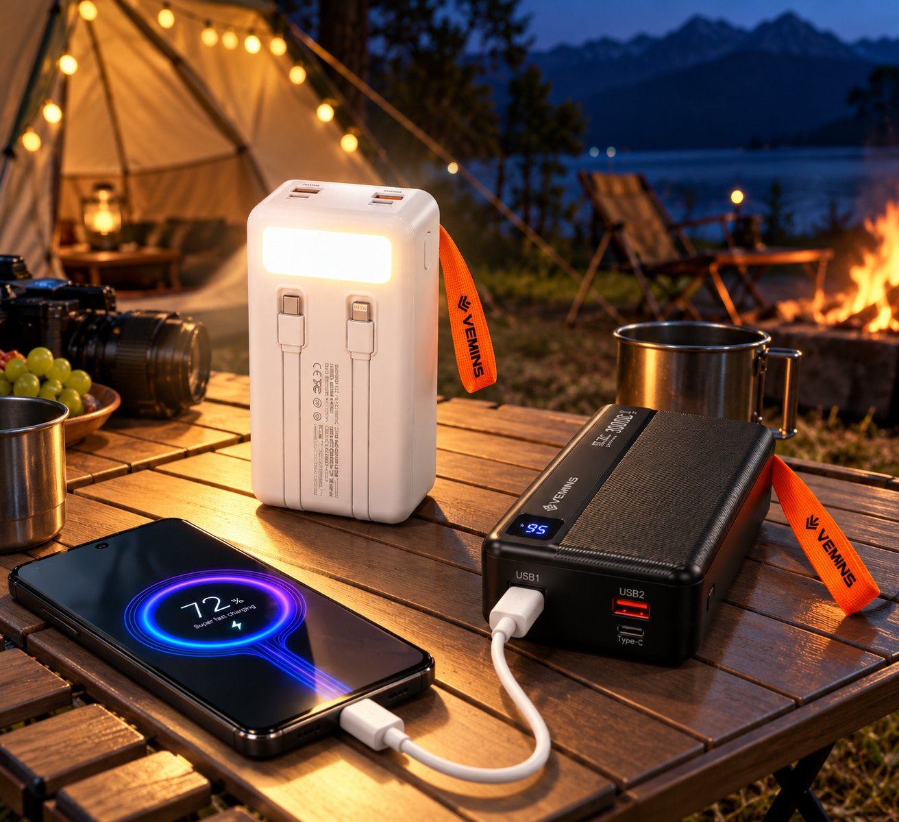 Y533 30000mAh Power Bank with LED Light & Built-in Cables