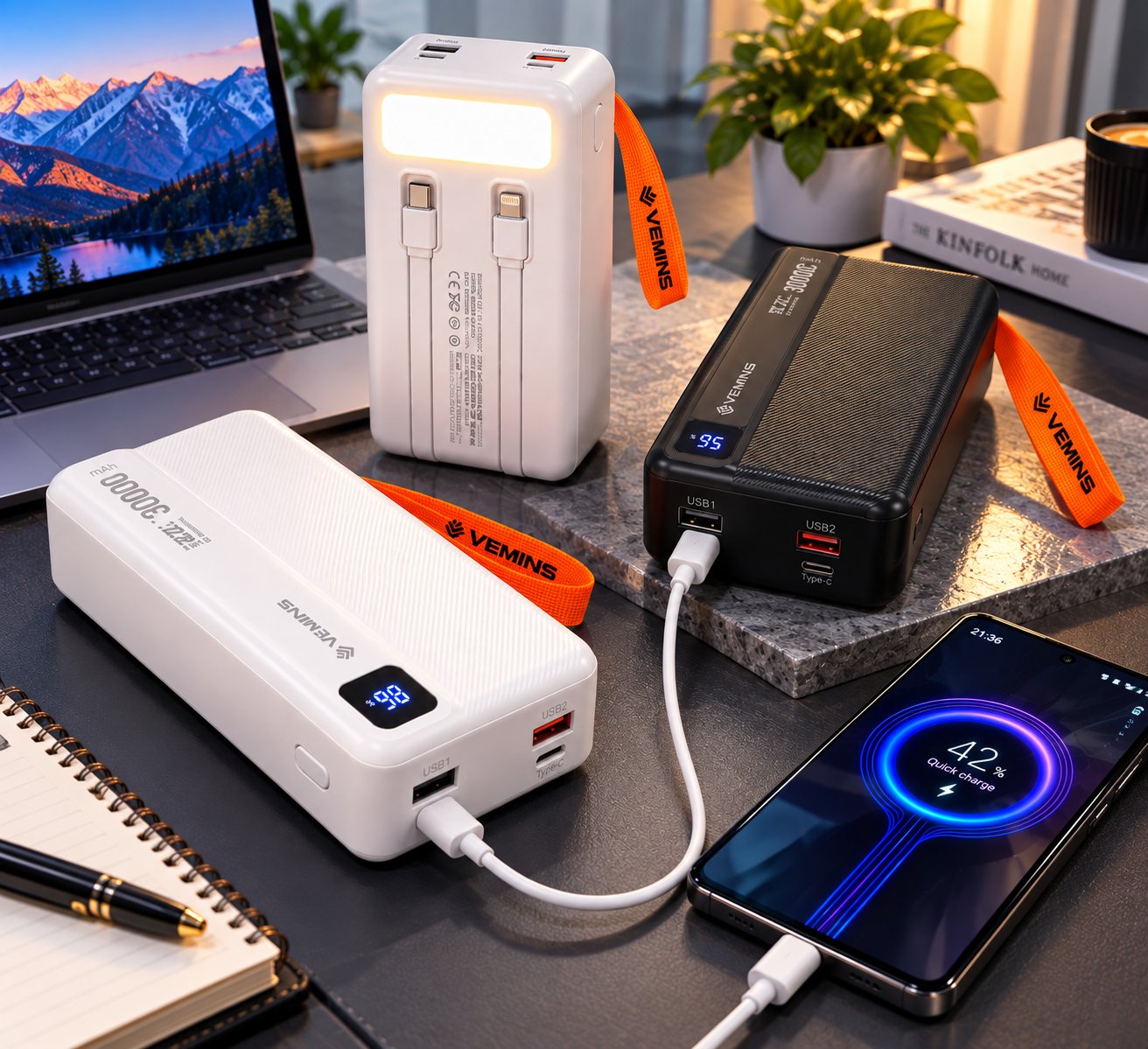 Y533 30000mAh Power Bank with LED Light & Built-in Cables