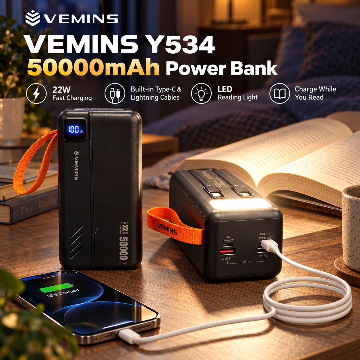 Y534 50000mAh High-Capacity Power Bank with LED Light