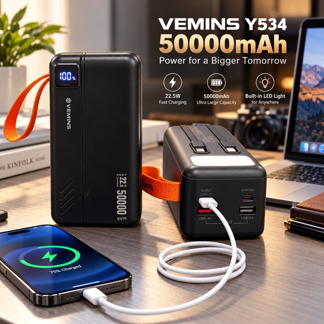 Y534 50000mAh High-Capacity Power Bank with LED Light