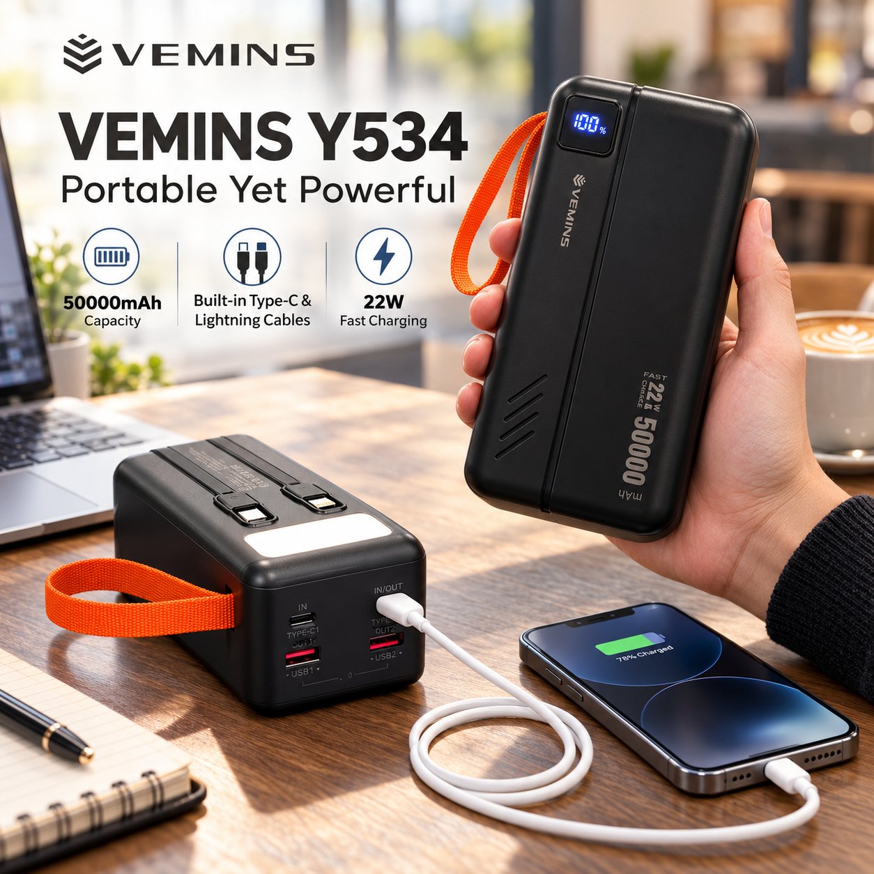 Y534 50000mAh High-Capacity Power Bank with LED Light