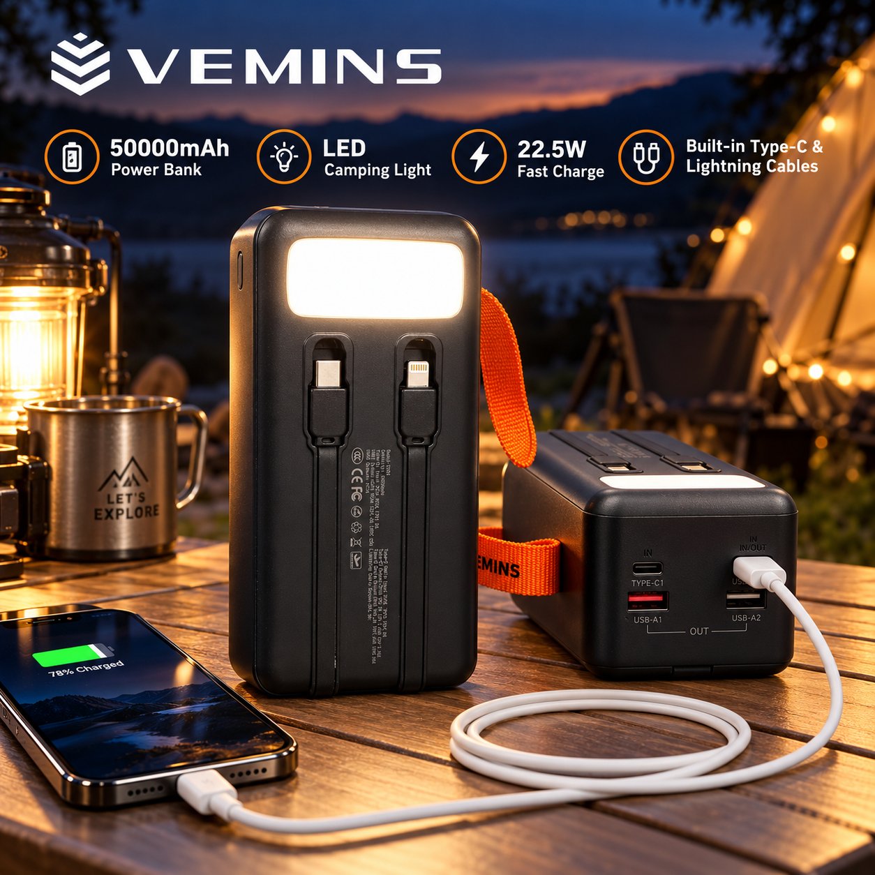 Y534 50000mAh High-Capacity Power Bank with LED Light