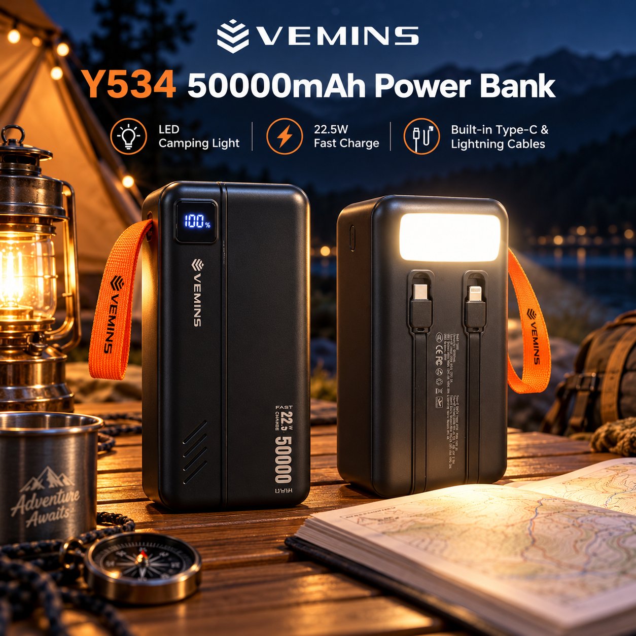 Y534 50000mAh High-Capacity Power Bank with LED Light