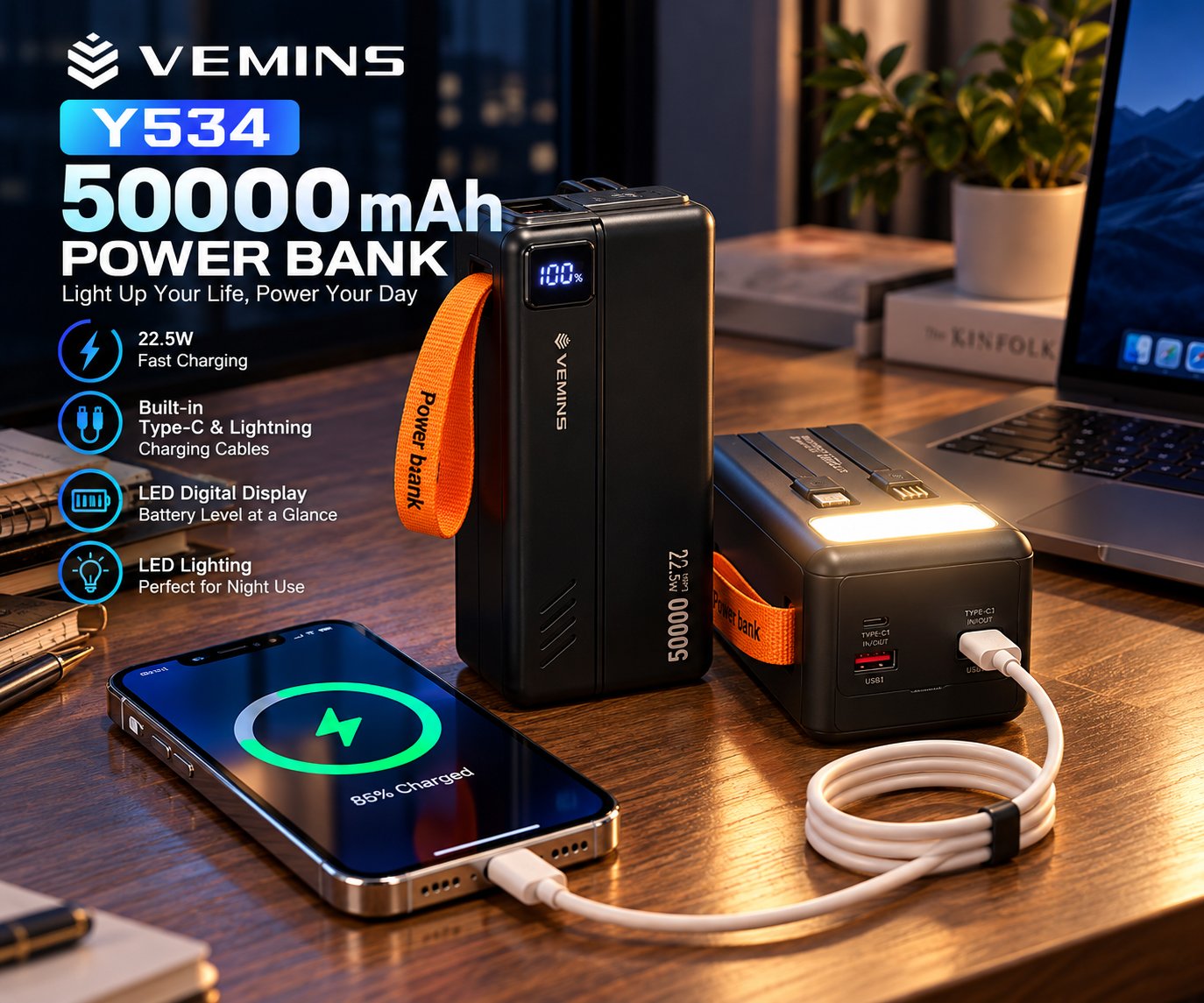 Y534 50000mAh High-Capacity Power Bank with LED Light
