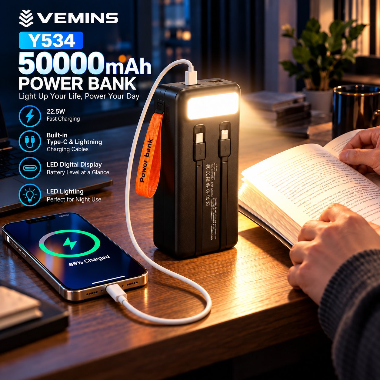 Y534 50000mAh High-Capacity Power Bank with LED Light