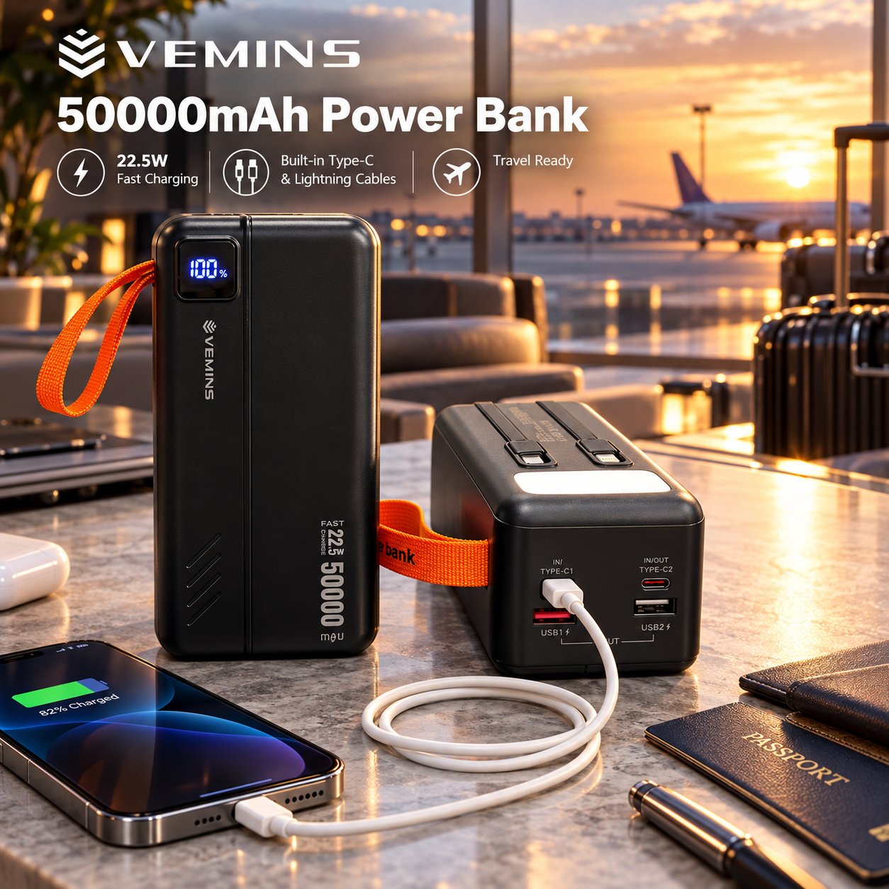 Y534 50000mAh High-Capacity Power Bank with LED Light