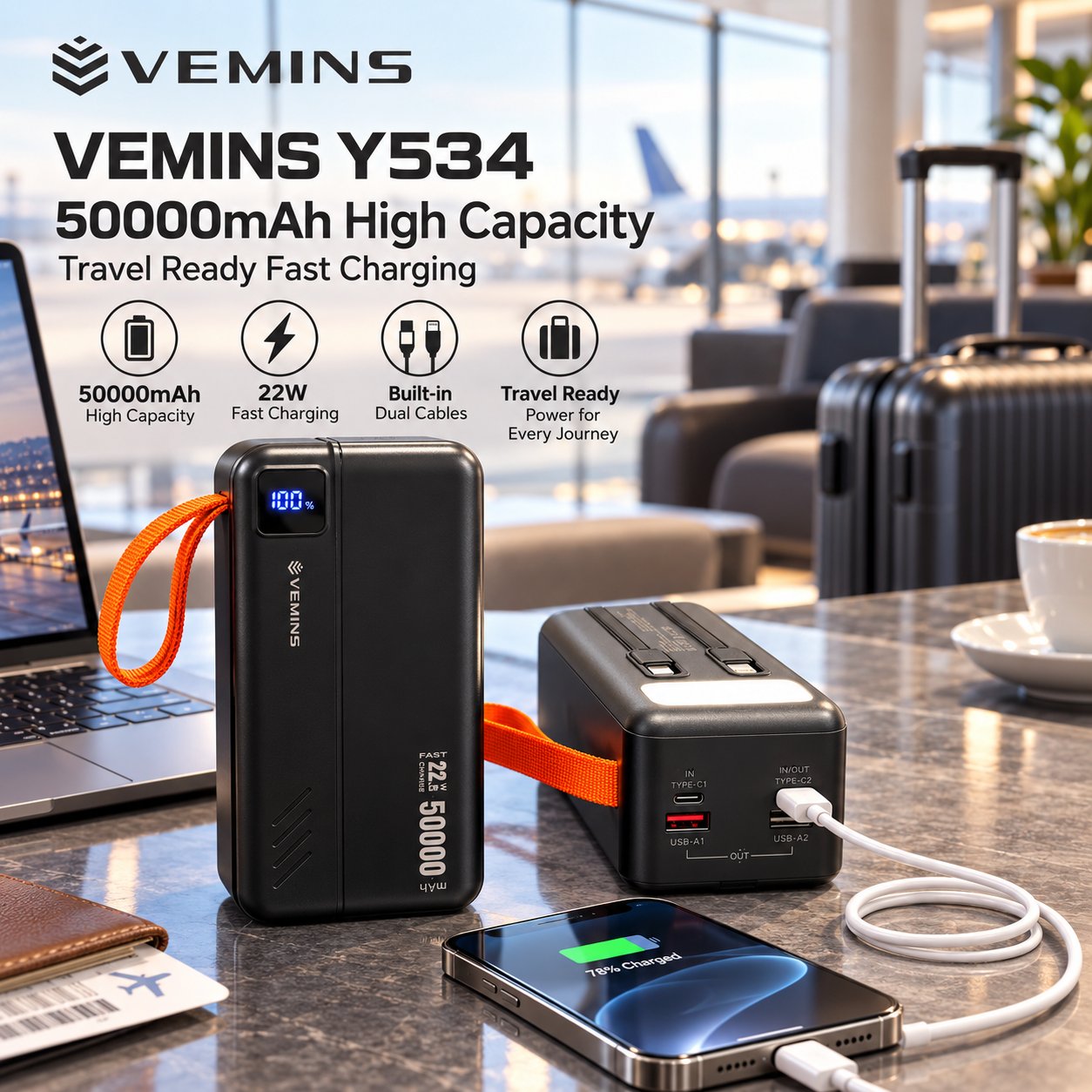 Y534 50000mAh High-Capacity Power Bank with LED Light
