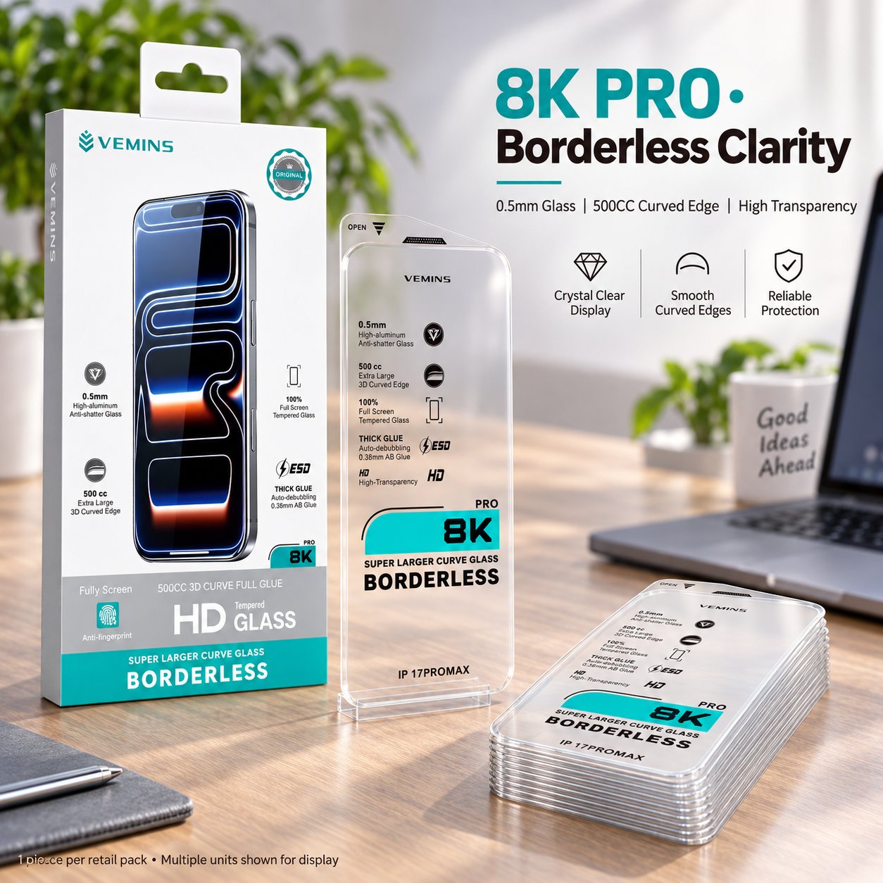 VEMINS 8K PRO Borderless Tempered Glass — IP 17PROMAX