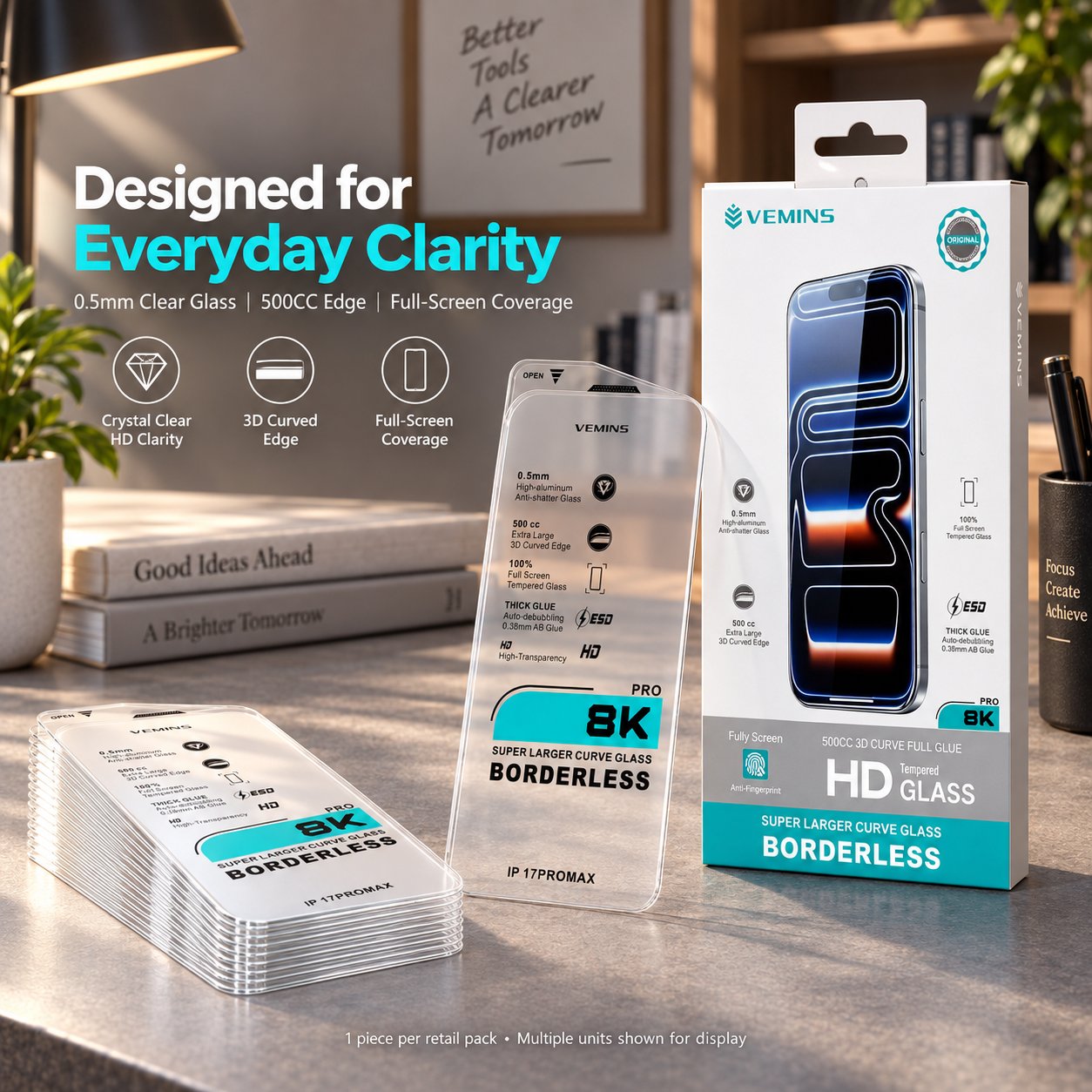 VEMINS 8K PRO Borderless Tempered Glass — IP 17PROMAX