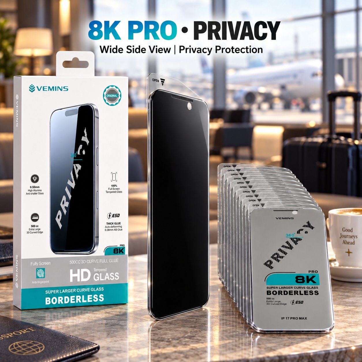 VEMINS 8K PRO Privacy Tempered Glass — IP 17 PRO MAX