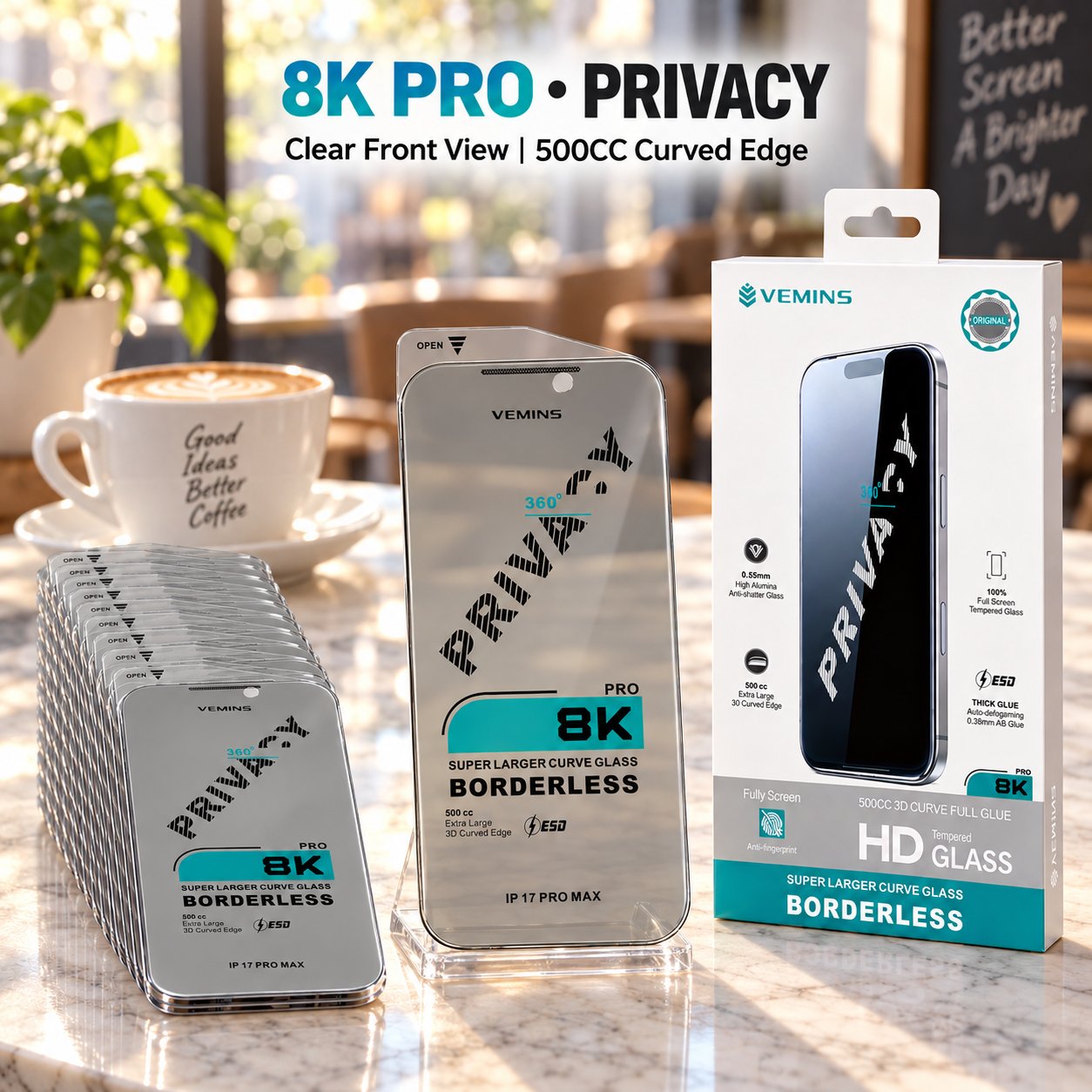 VEMINS 8K PRO Privacy Tempered Glass — IP 17 PRO MAX