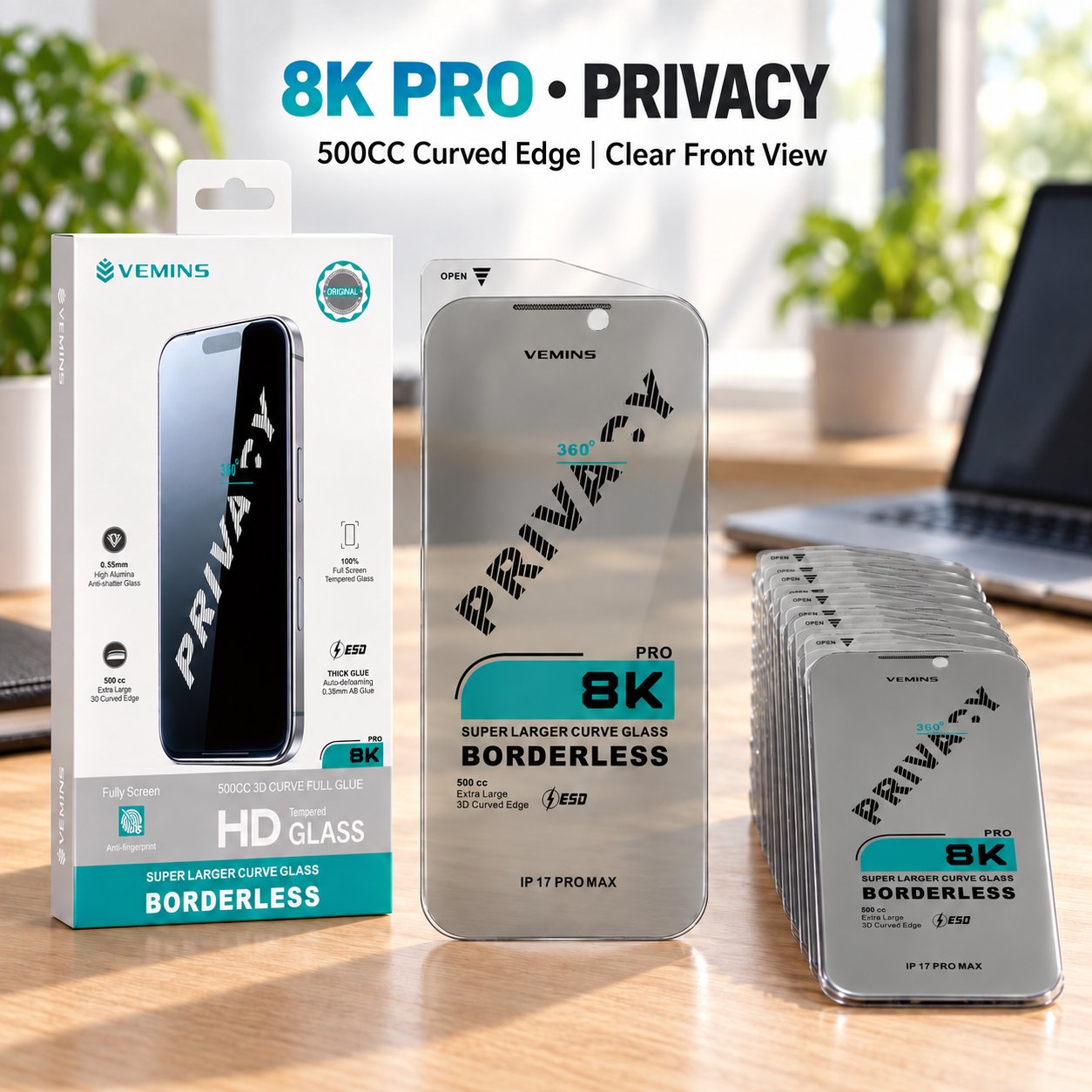 VEMINS 8K PRO Privacy Tempered Glass — IP 17 PRO MAX