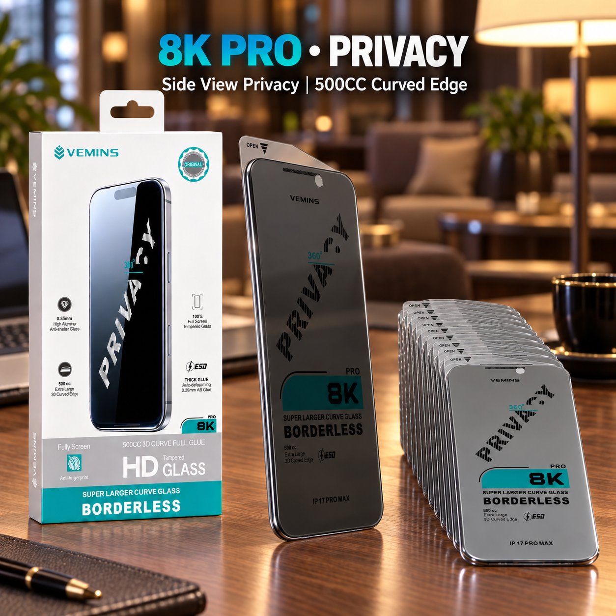 VEMINS 8K PRO Privacy Tempered Glass — IP 17 PRO MAX