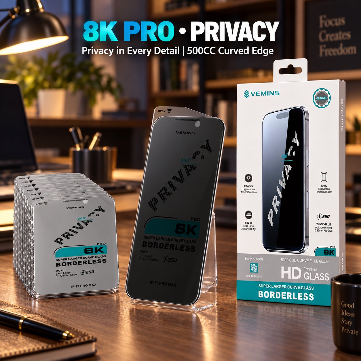 VEMINS 8K PRO Privacy Tempered Glass — IP 17 PRO MAX