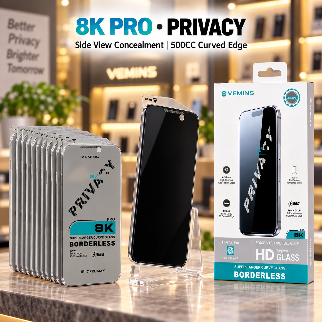 VEMINS 8K PRO Privacy Tempered Glass — IP 17 PRO MAX