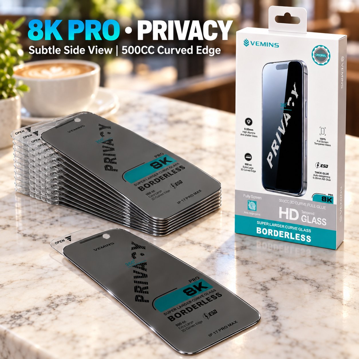 VEMINS 8K PRO Privacy Tempered Glass — IP 17 PRO MAX