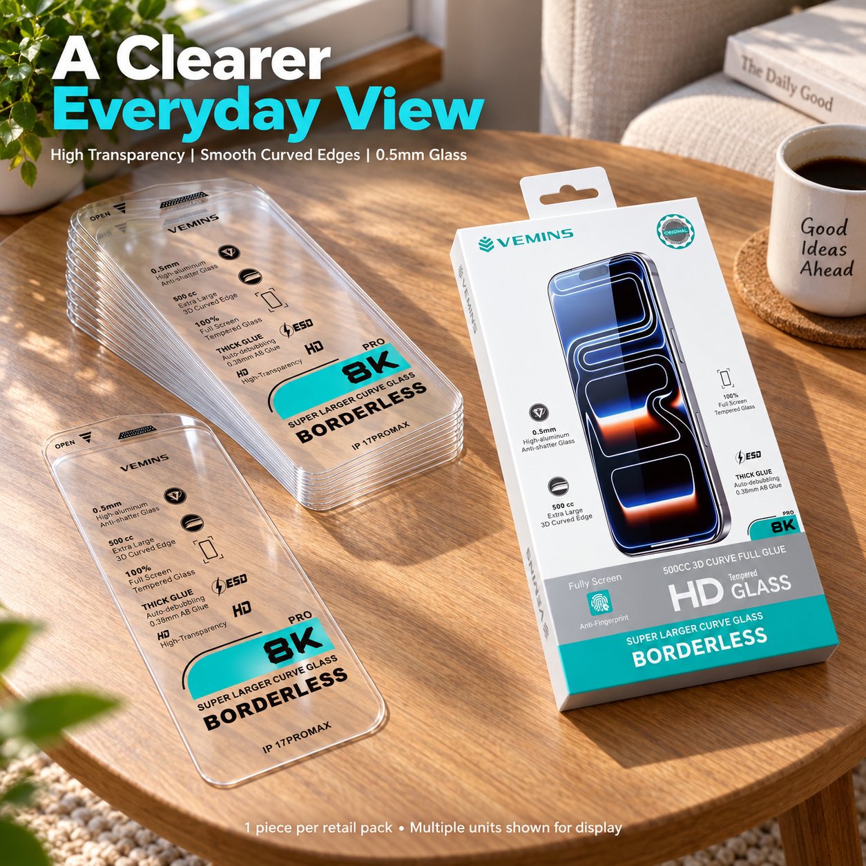 VEMINS 8K PRO Borderless Tempered Glass — IP 17PROMAX