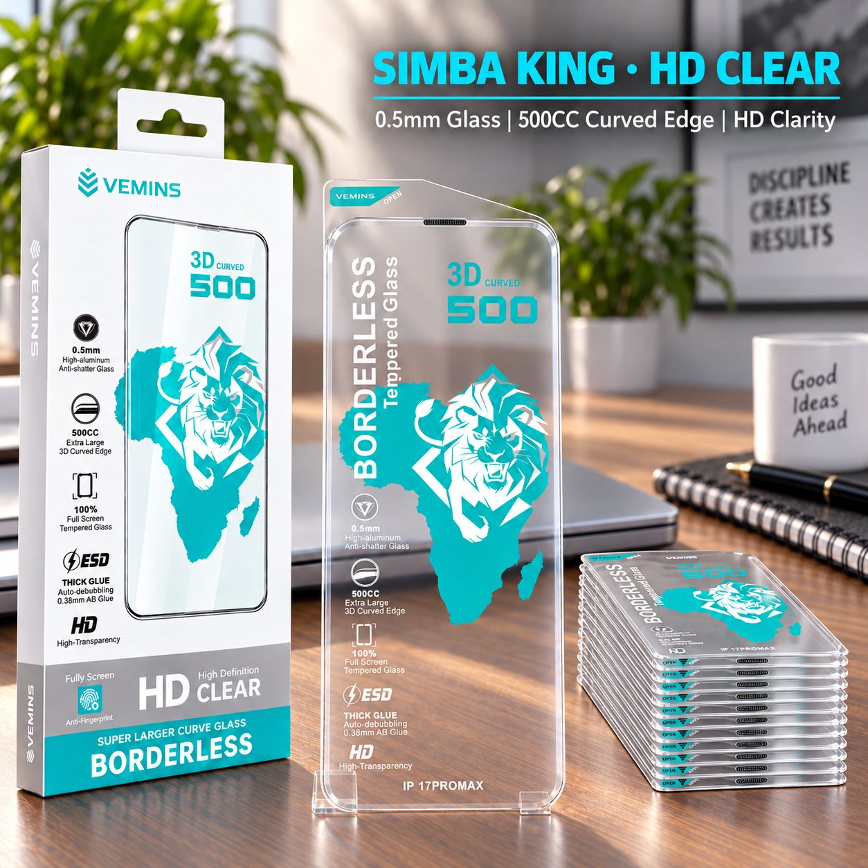 VEMINS SIMBA KING HD Clear Tempered Glass — IP 17PROMAX