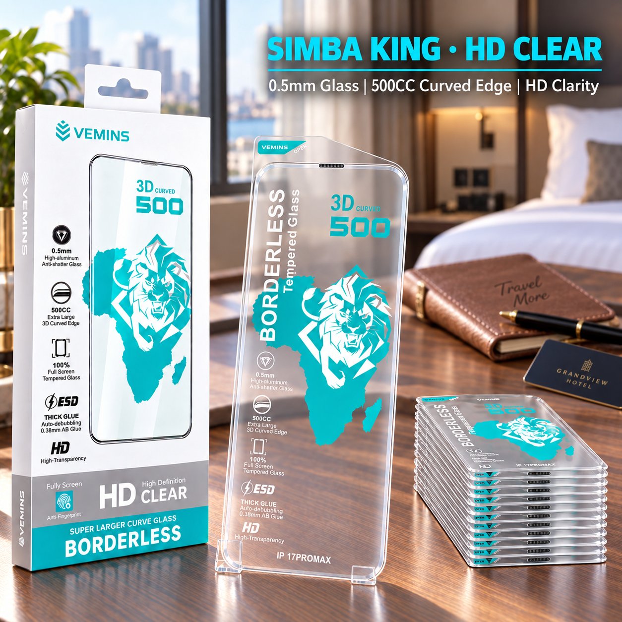 VEMINS SIMBA KING HD Clear Tempered Glass — IP 17PROMAX