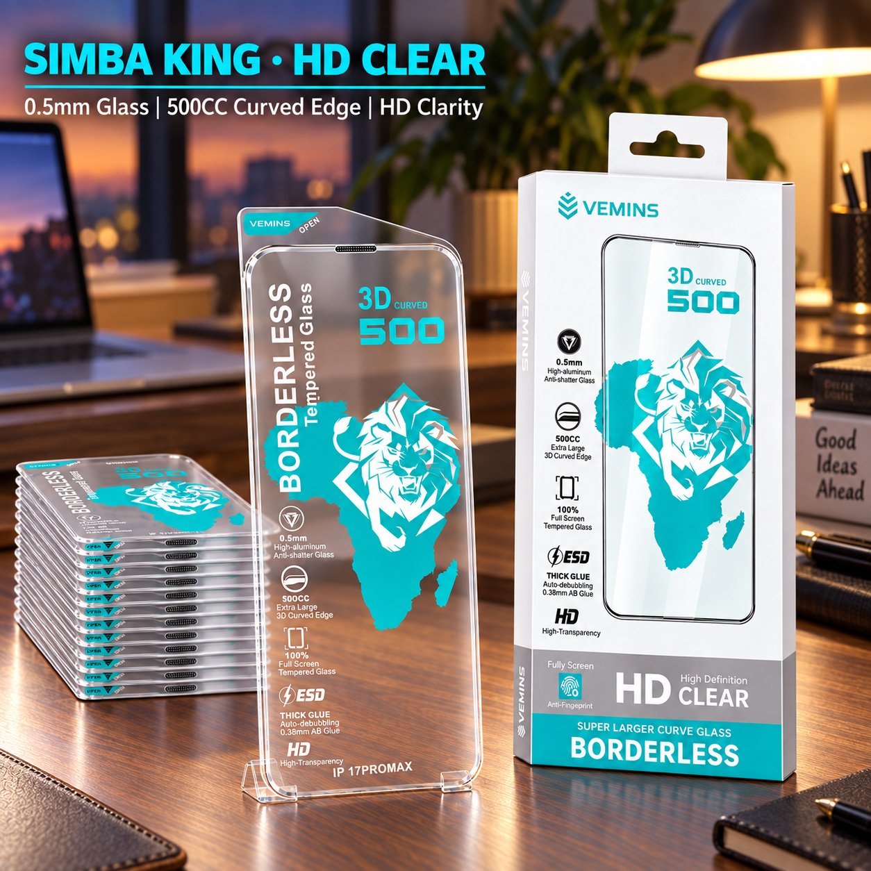 VEMINS SIMBA KING HD Clear Tempered Glass — IP 17PROMAX