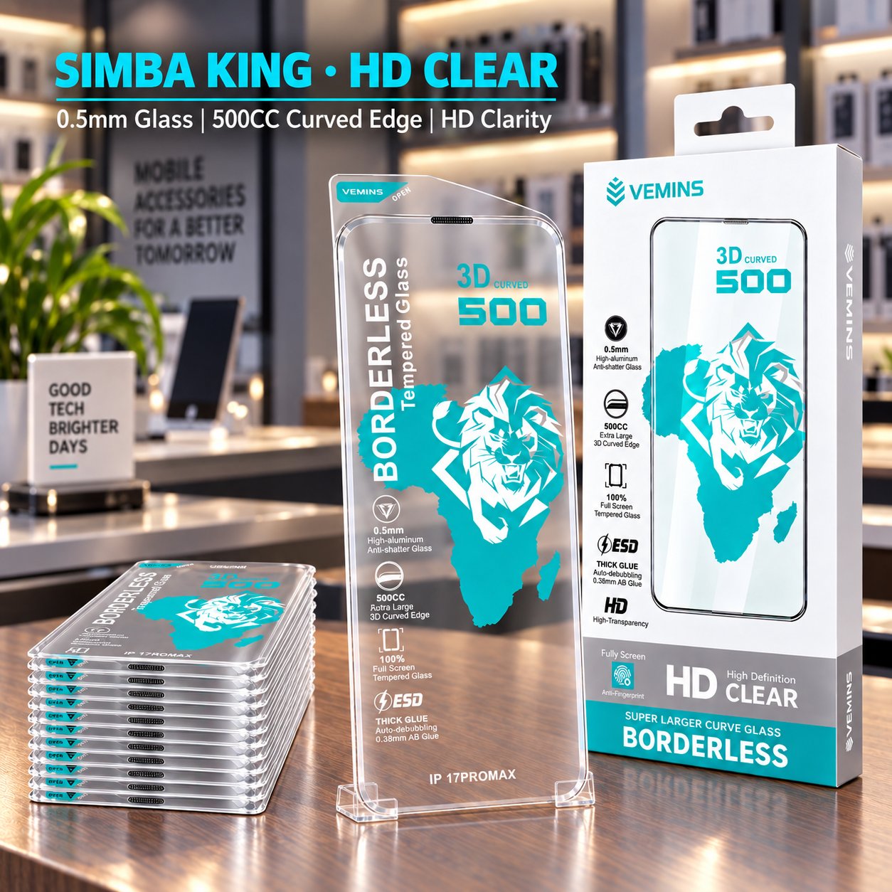 VEMINS SIMBA KING HD Clear Tempered Glass — IP 17PROMAX