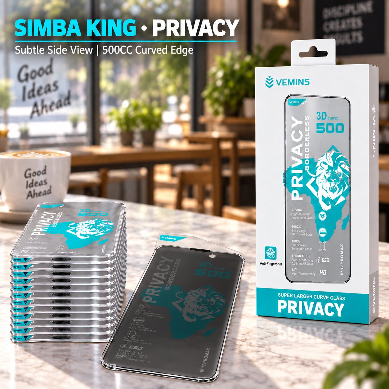 VEMINS SIMBA KING Privacy Tempered Glass — IP 17PROMAX