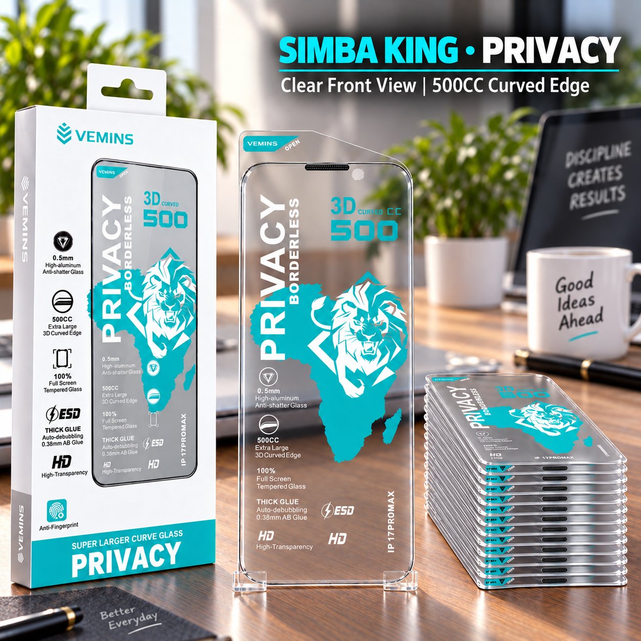 VEMINS SIMBA KING Privacy Tempered Glass — IP 17PROMAX