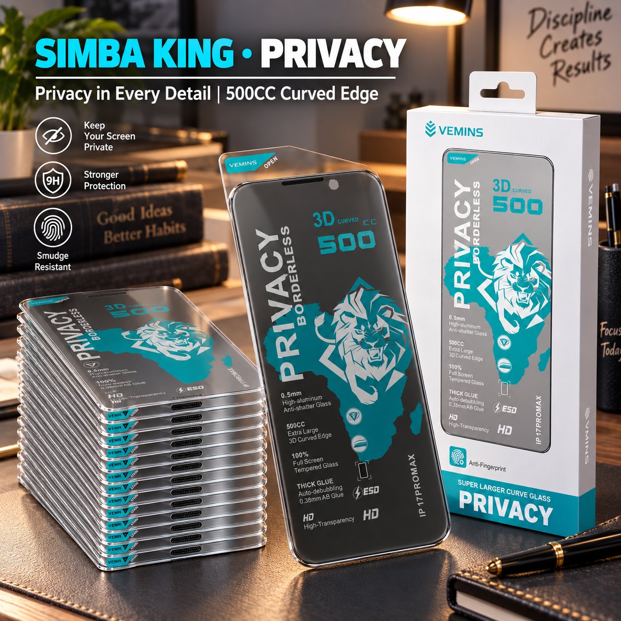 VEMINS SIMBA KING Privacy Tempered Glass — IP 17PROMAX