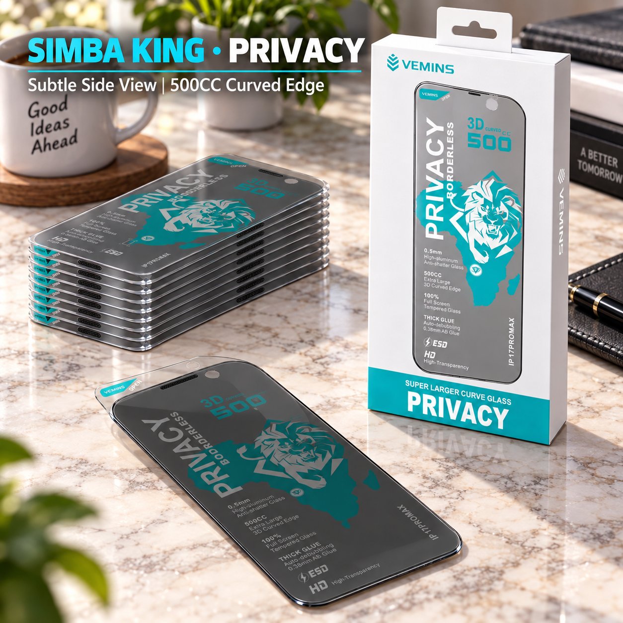 VEMINS SIMBA KING Privacy Tempered Glass — IP 17PROMAX